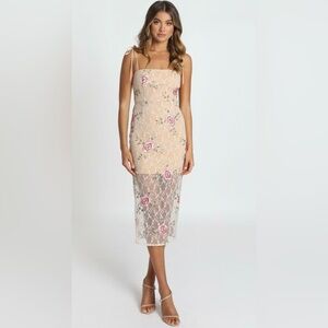 Showpo - CAN WE JUST TALK DRESS IN BEIGE FLORAL LACE